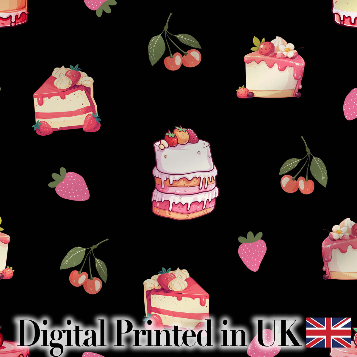 Cute Strawberry Cake Dessert Cherry Fruit Black Background Seamless Pattern Digital Print Fabric by the Metre UK Sewing Quilting Textile