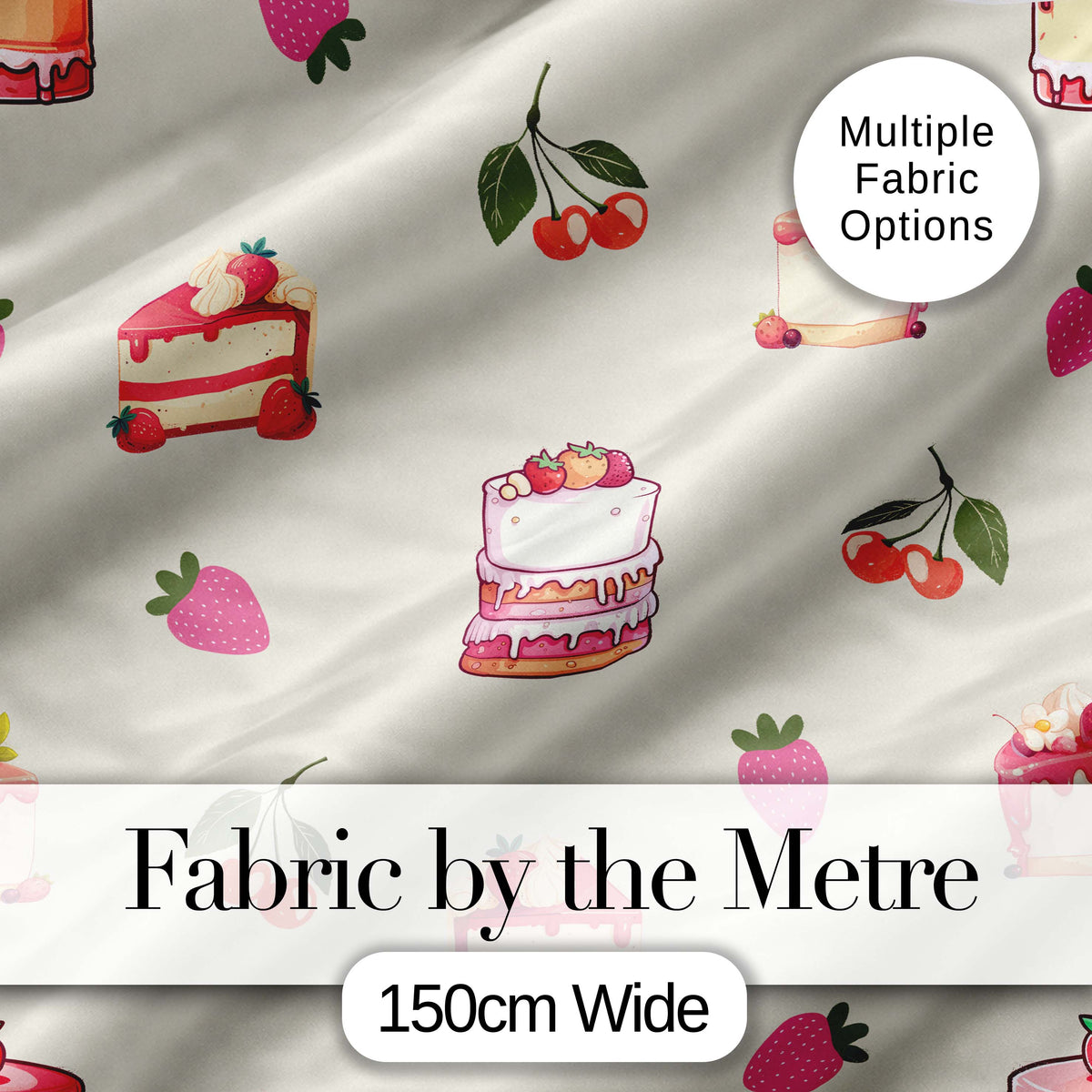 Cute Strawberry Cake Cherry Dessert Seamless Pattern Neutral Background Digital Print Fabric by the Metre UK Sewing Quilting Textile