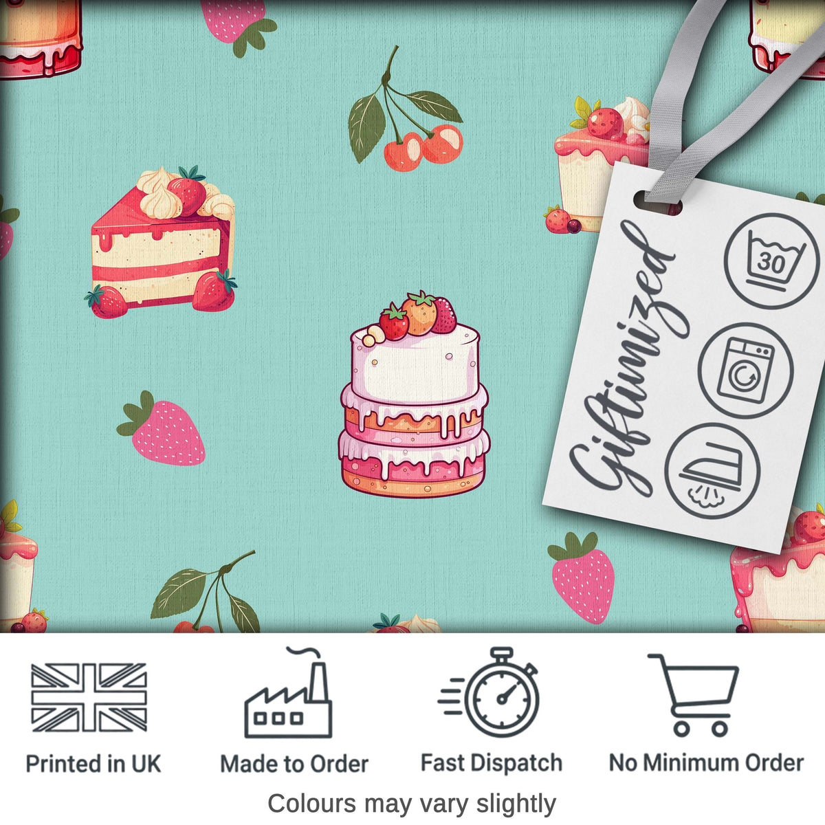 Cute Strawberry Cake Cherry Dessert Seamless Pattern Mint Background Digital Print Fabric by the Metre UK Sewing Quilting Textile
