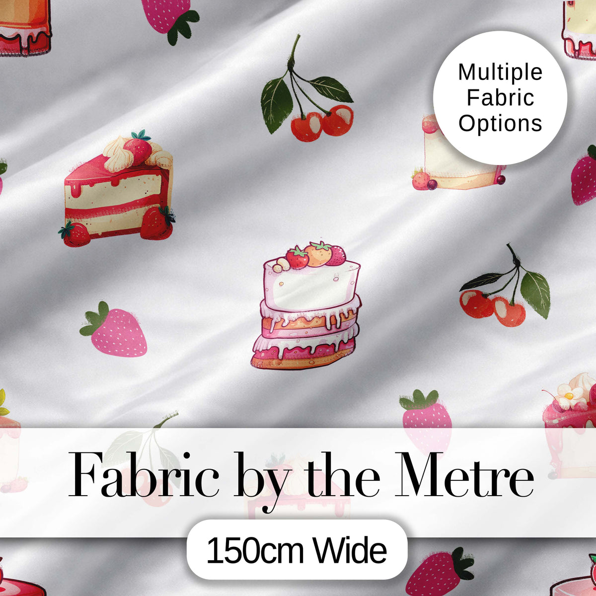 Cute Strawberry Cake Cherry Dessert Seamless Pattern Light Grey Background Digital Print Fabric by the Metre UK Sewing Quilting Textile