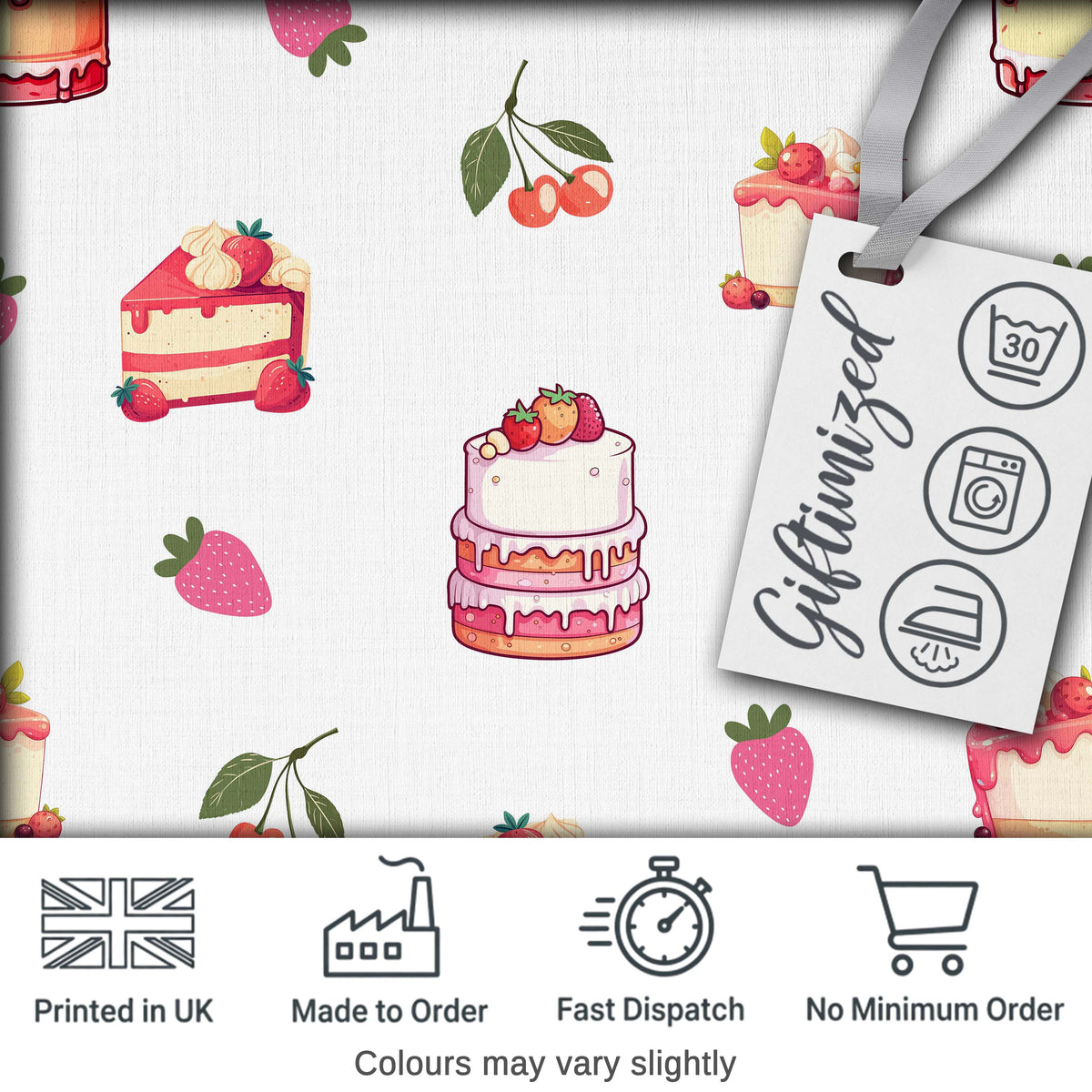 Cute Strawberry Cake Cherry Dessert Seamless Pattern Light Grey Background Digital Print Fabric by the Metre UK Sewing Quilting Textile