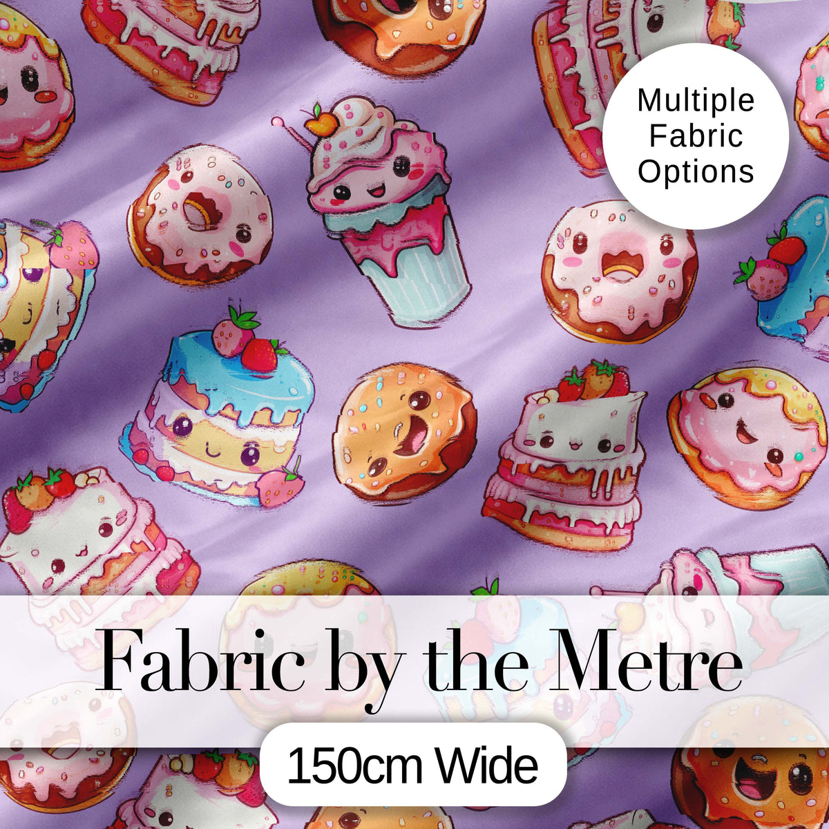 Kawaii Donut Cake Cupcake Sweet Dessert Seamless Pattern Lavender Digital Print Fabric by the Metre UK Sewing Quilting Textile
