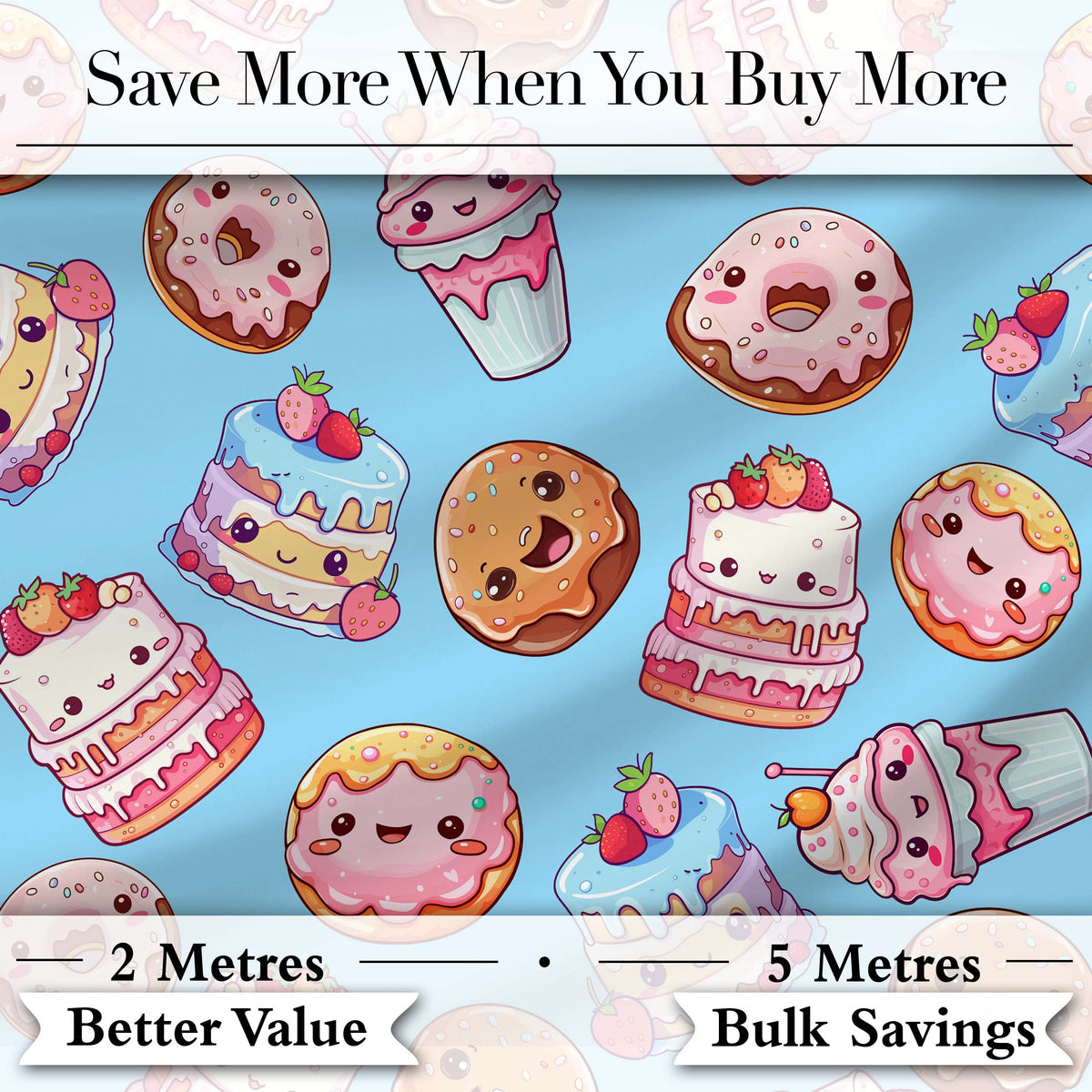 Cute Kawaii Donut Cake Cupcake Sweet Dessert Seamless Pattern Blue Background Digital Print Fabric by the Metre UK Sewing Quilting Textile