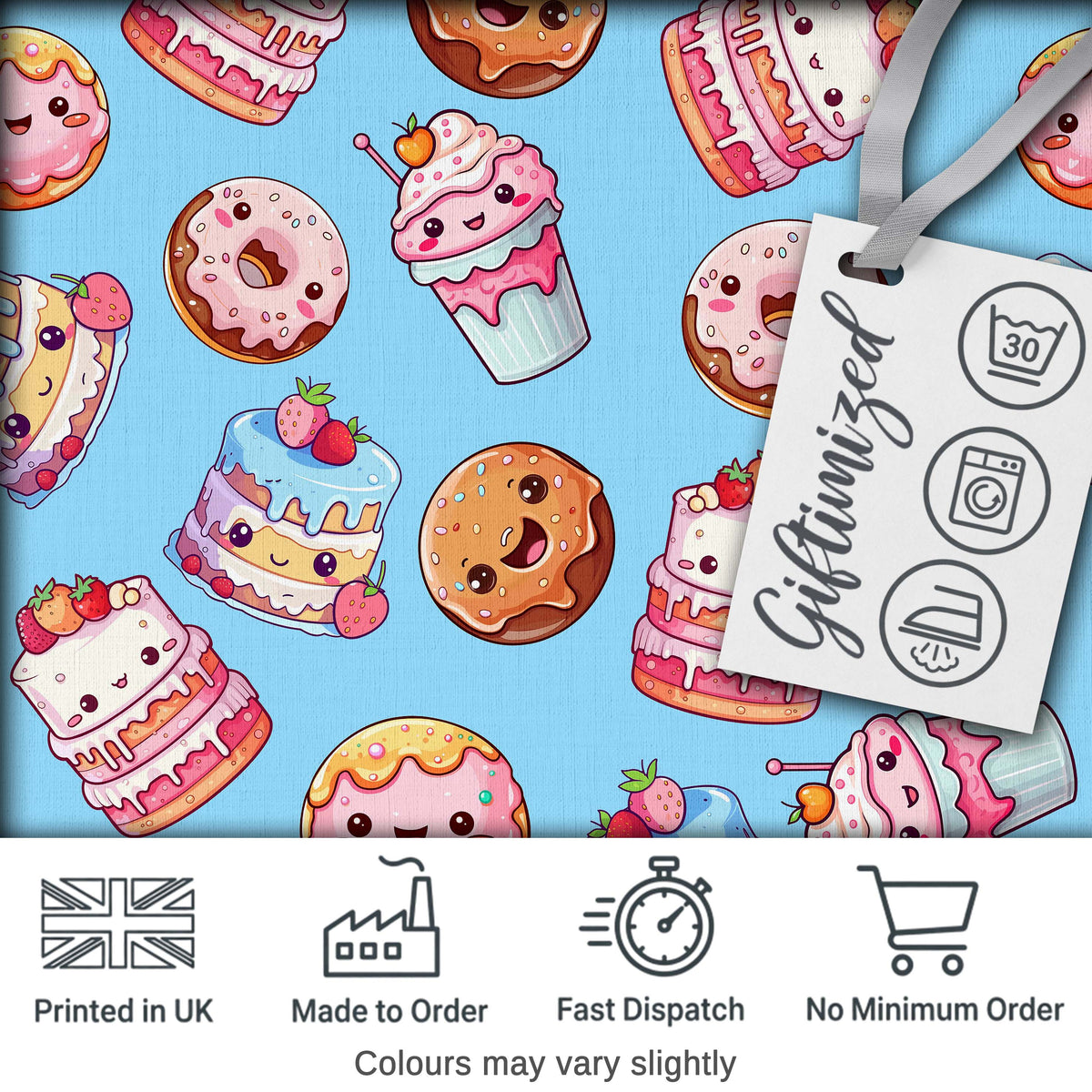 Cute Kawaii Donut Cake Cupcake Sweet Dessert Seamless Pattern Blue Background Digital Print Fabric by the Metre UK Sewing Quilting Textile