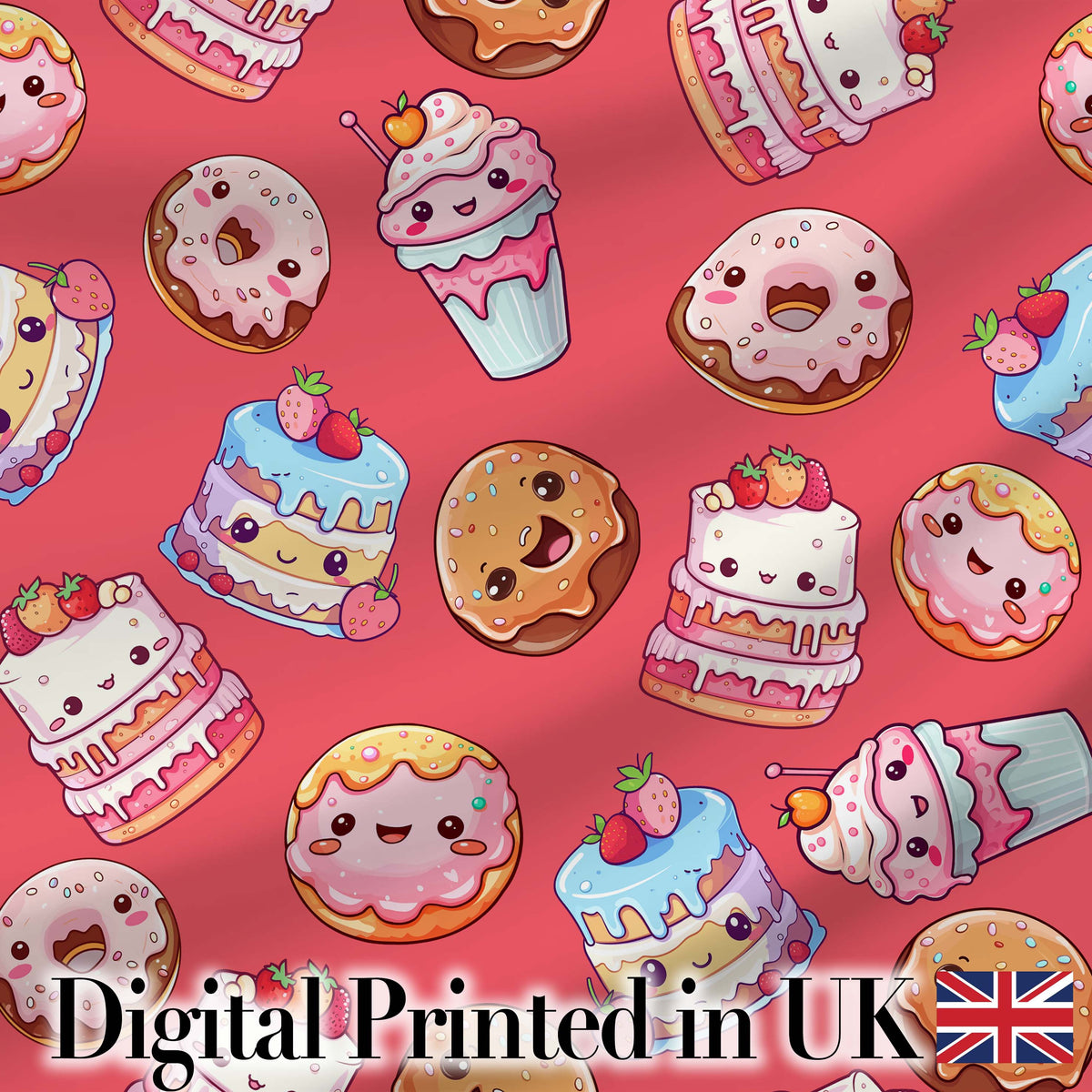 Kawaii Donut Cake Cupcake Sweet Dessert Seamless Pattern Coral Red Digital Print Fabric by the Metre UK Sewing Quilting Textile