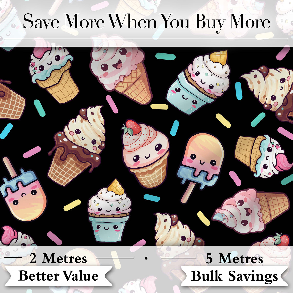 Cute Kawaii Ice Cream Cone Popsicle Dessert Seamless Pattern Black Background Digital Print Fabric by the Metre UK Sewing Quilting Textile