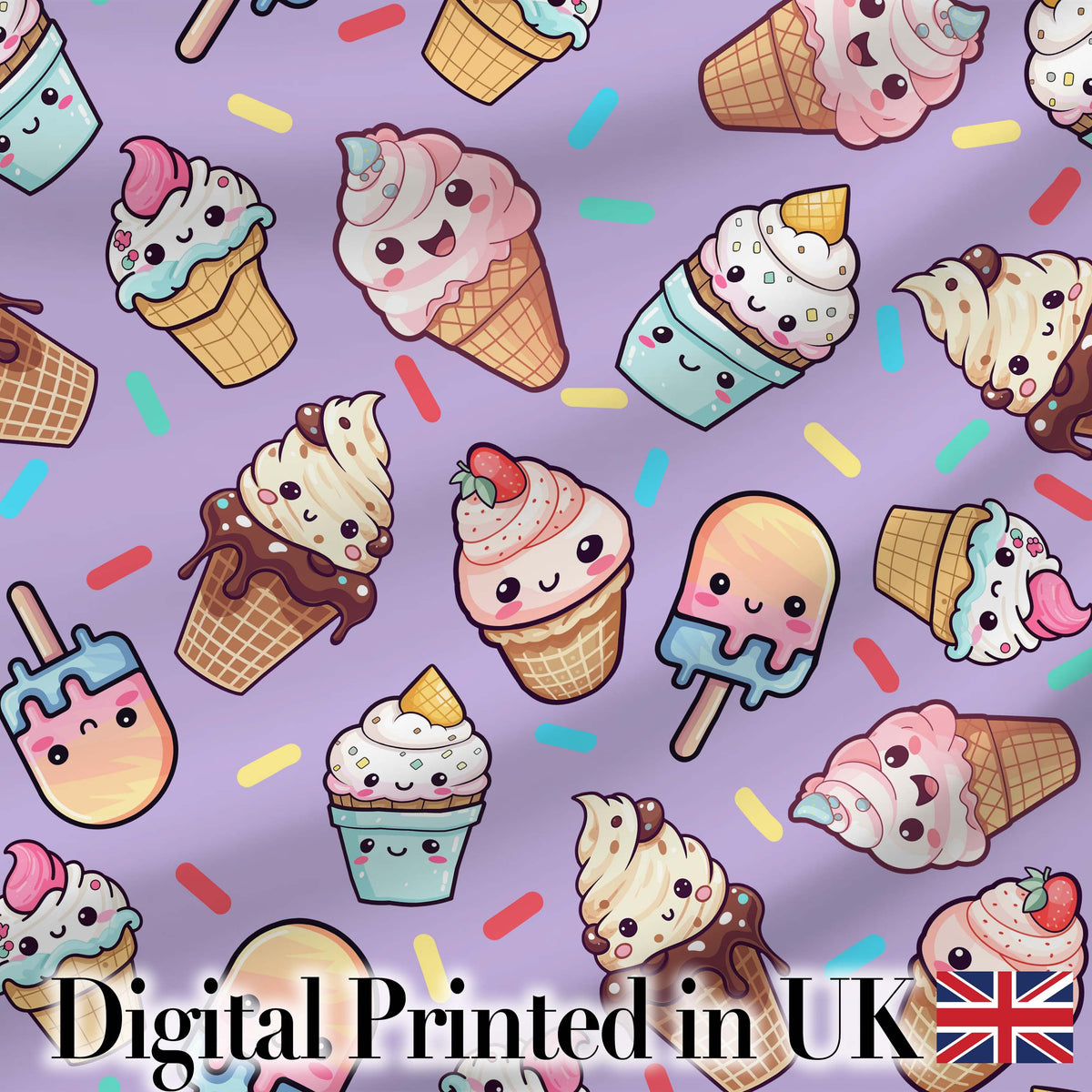 Kawaii Ice Cream Cone Popsicle Sweet Dessert Seamless Pattern Purple Digital Print Fabric by the Metre UK Sewing Quilting Textile