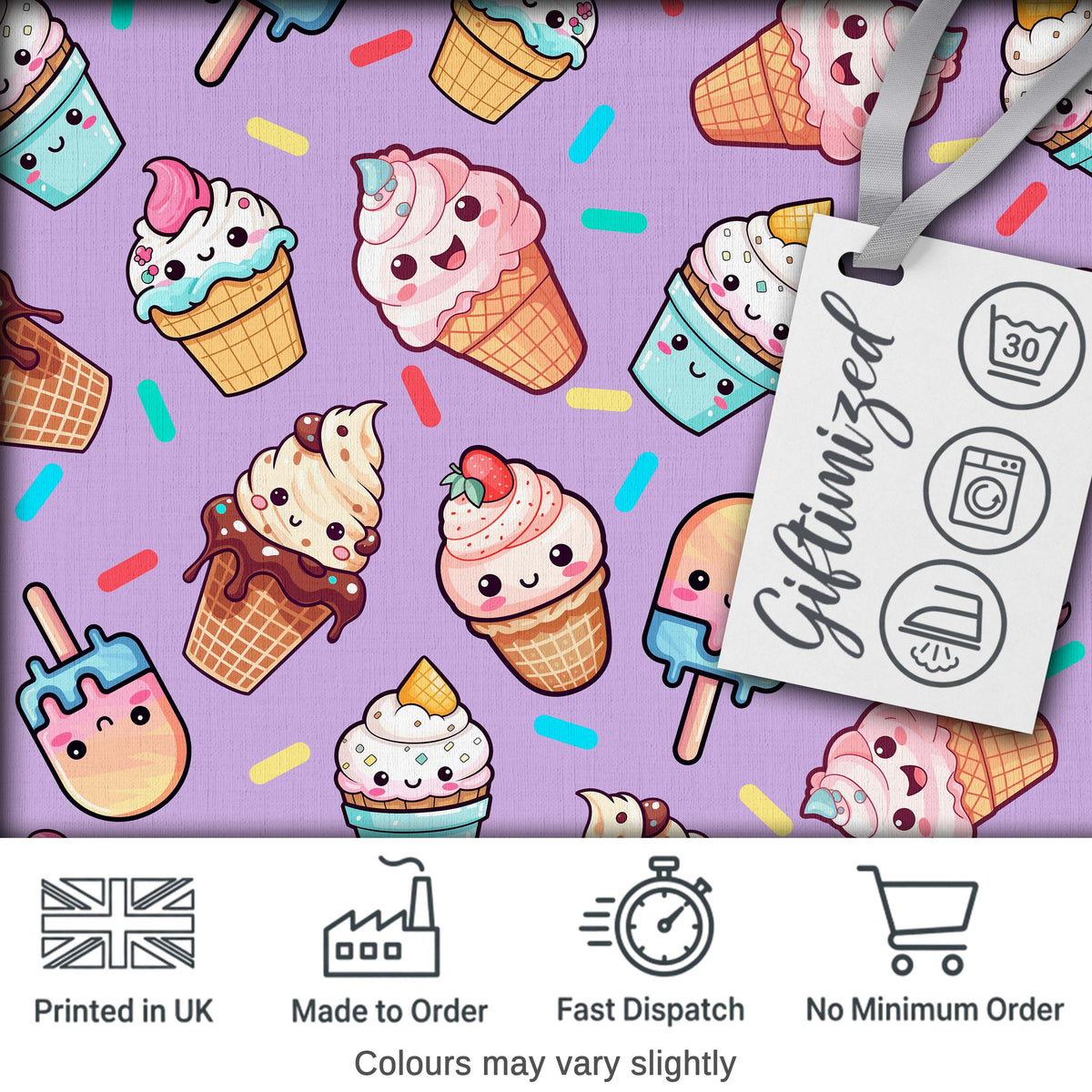 Kawaii Ice Cream Cone Popsicle Sweet Dessert Seamless Pattern Purple Digital Print Fabric by the Metre UK Sewing Quilting Textile