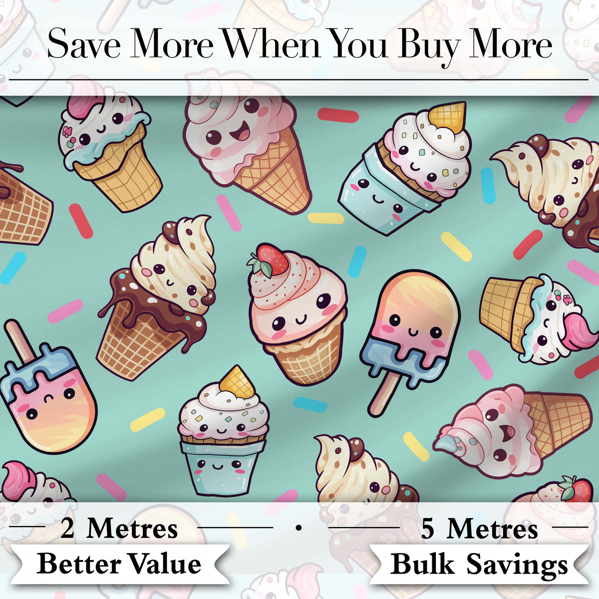 Kawaii Ice Cream Cone Popsicle Sweet Dessert Seamless Pattern Mint Green Digital Print Fabric by the Metre UK Sewing Quilting Textile