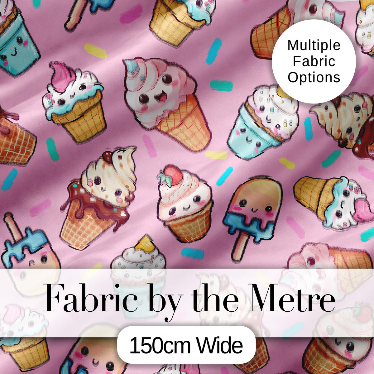 Kawaii Ice Cream Cone Popsicle Sweet Dessert Seamless Pattern Blush Pink Digital Print Fabric by the Metre UK Sewing Quilting Textile