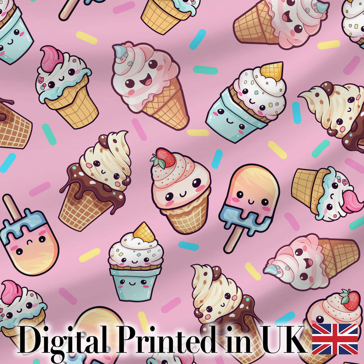 Kawaii Ice Cream Cone Popsicle Sweet Dessert Seamless Pattern Blush Pink Digital Print Fabric by the Metre UK Sewing Quilting Textile