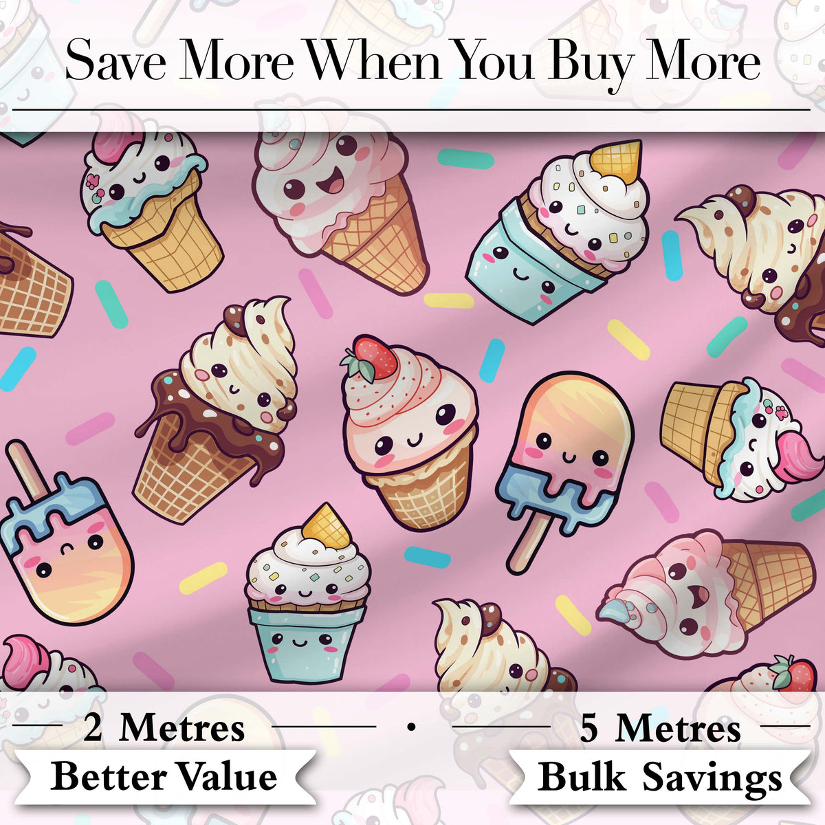 Kawaii Ice Cream Cone Popsicle Sweet Dessert Seamless Pattern Blush Pink Digital Print Fabric by the Metre UK Sewing Quilting Textile