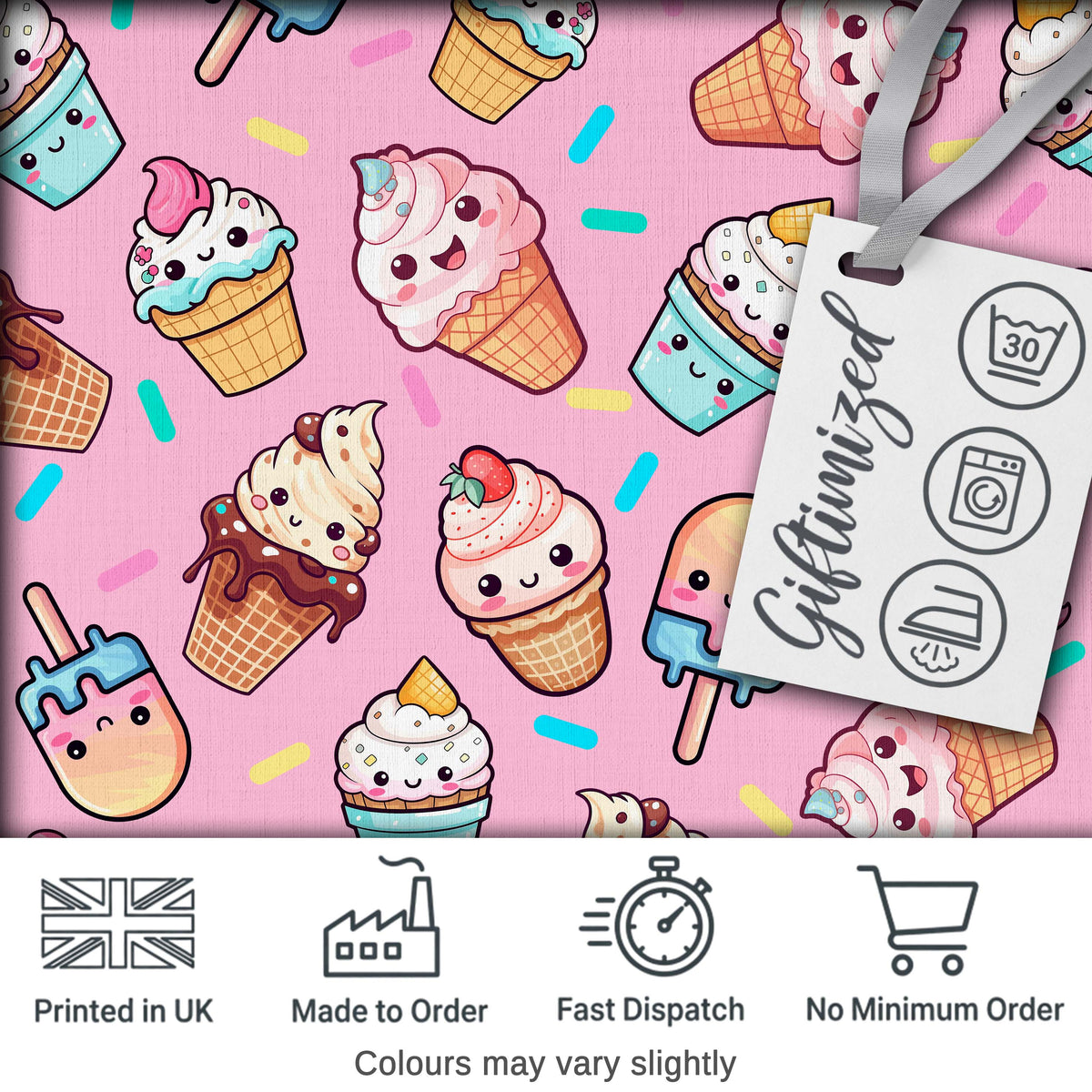Kawaii Ice Cream Cone Popsicle Sweet Dessert Seamless Pattern Blush Pink Digital Print Fabric by the Metre UK Sewing Quilting Textile