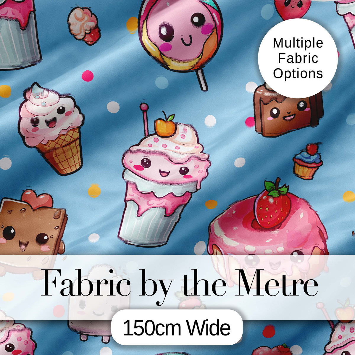 Cute Kawaii Dessert Cake Cupcake Donut Candy Sweet Treat Seamless Pattern Blue Background Digital Print Fabric by the Metre UK