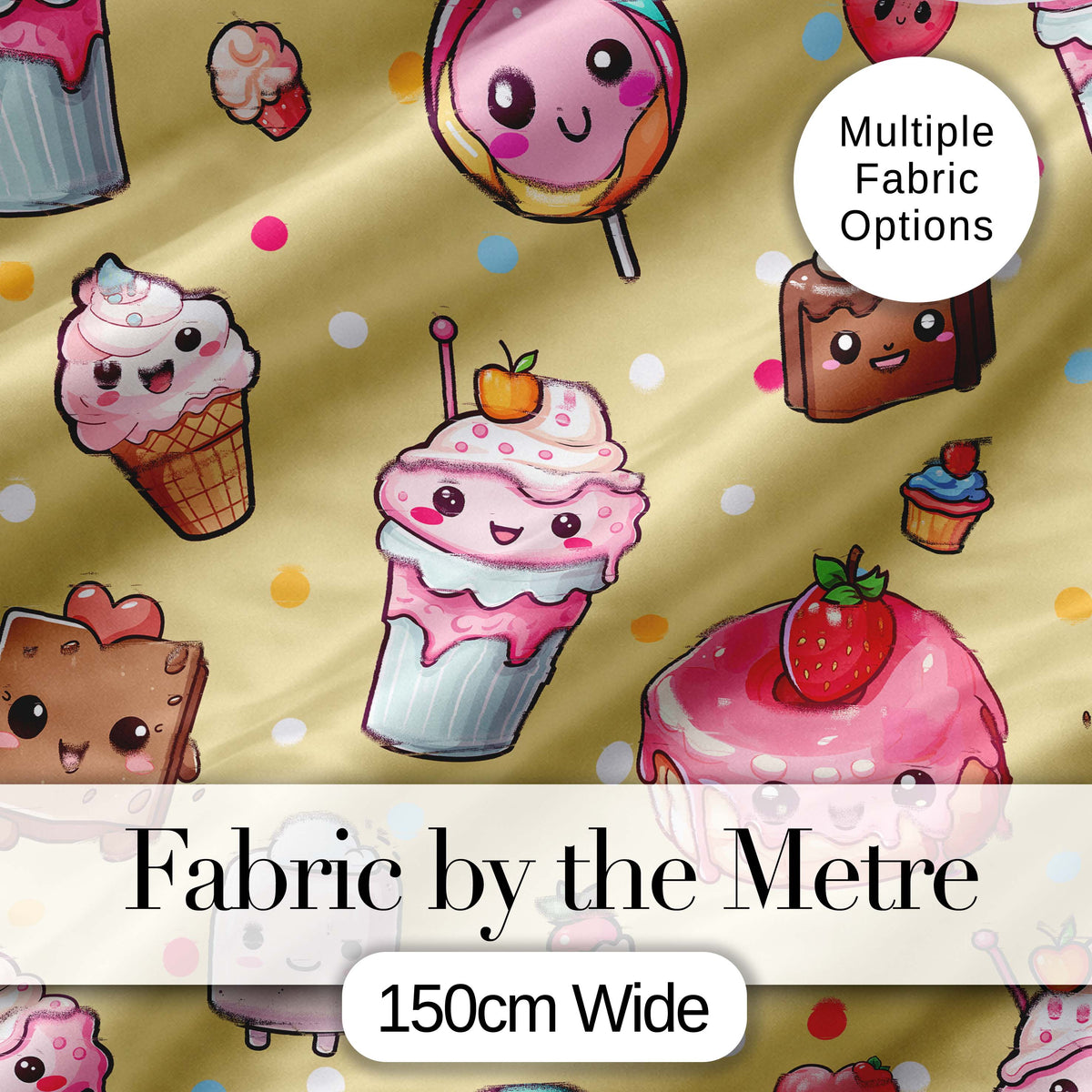 Cute Kawaii Dessert Cake Cupcake Donut Candy Sweet Treat Seamless Pattern Yellow Background Digital Print Fabric by the Metre UK