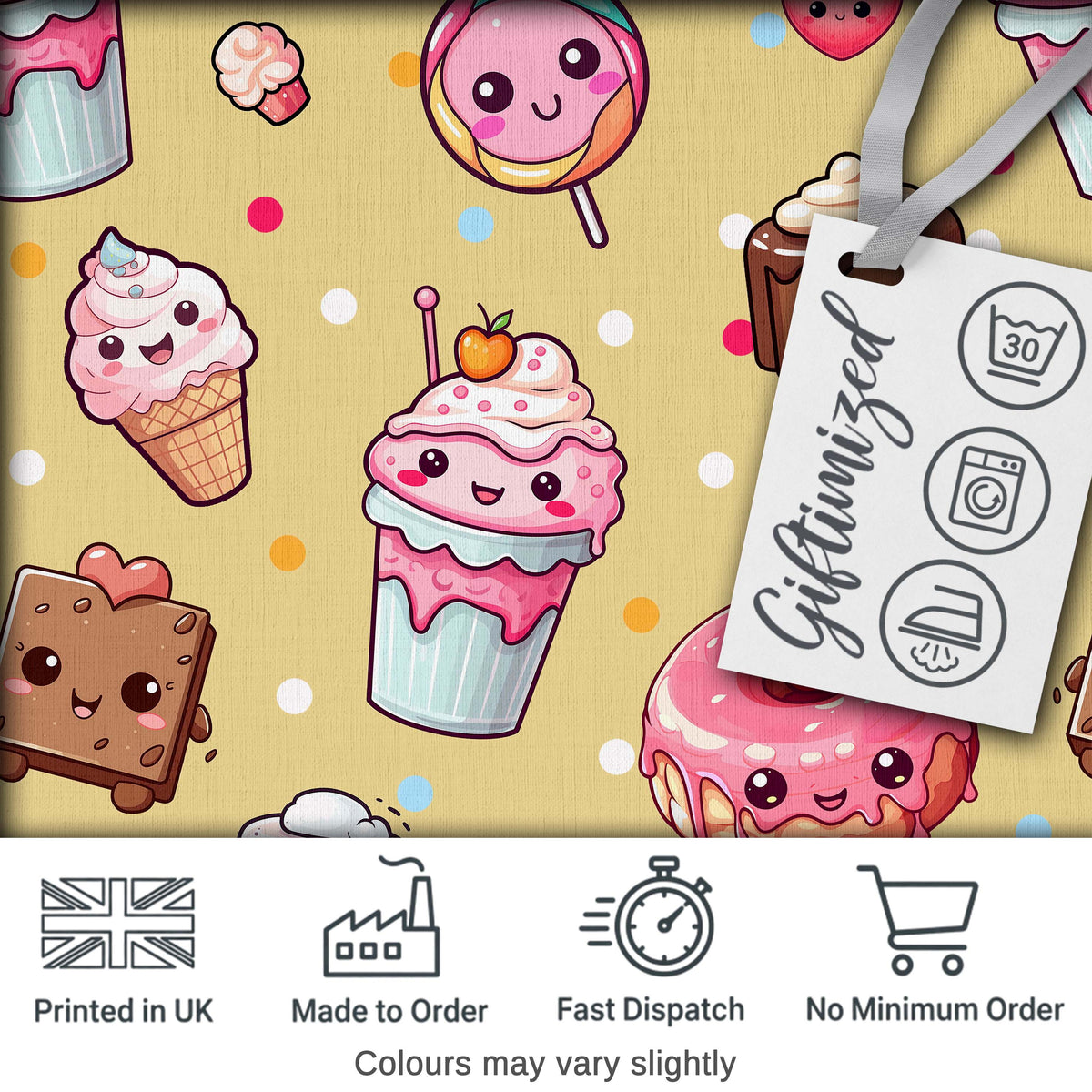 Cute Kawaii Dessert Cake Cupcake Donut Candy Sweet Treat Seamless Pattern Yellow Background Digital Print Fabric by the Metre UK