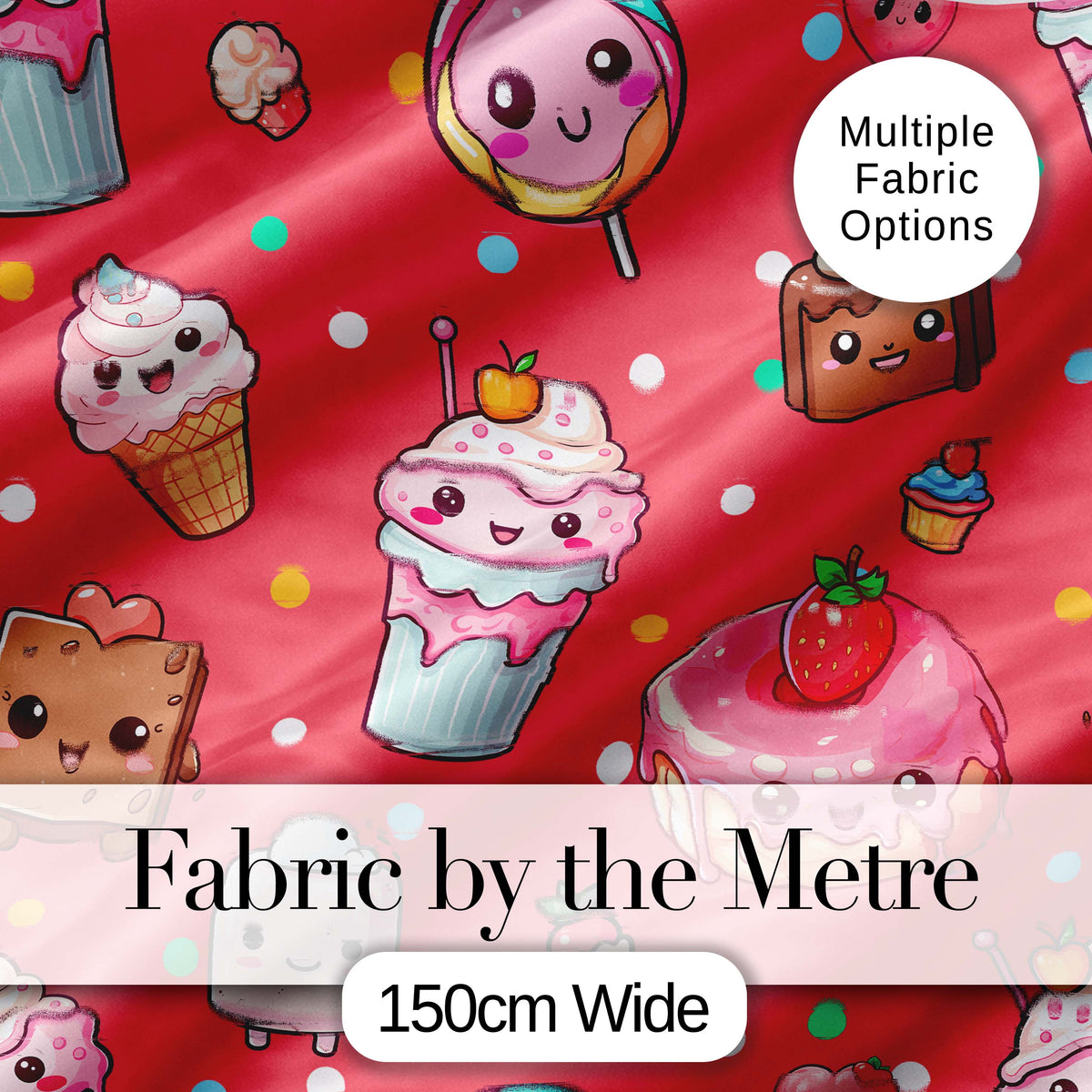 Cute Kawaii Dessert Cake Cupcake Donut Candy Sweet Treat Seamless Pattern Red Background Digital Print Fabric by the Metre UK