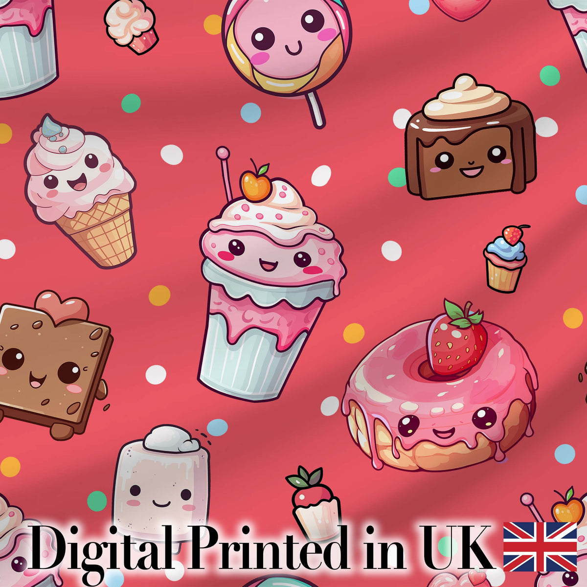 Cute Kawaii Dessert Cake Cupcake Donut Candy Sweet Treat Seamless Pattern Red Background Digital Print Fabric by the Metre UK