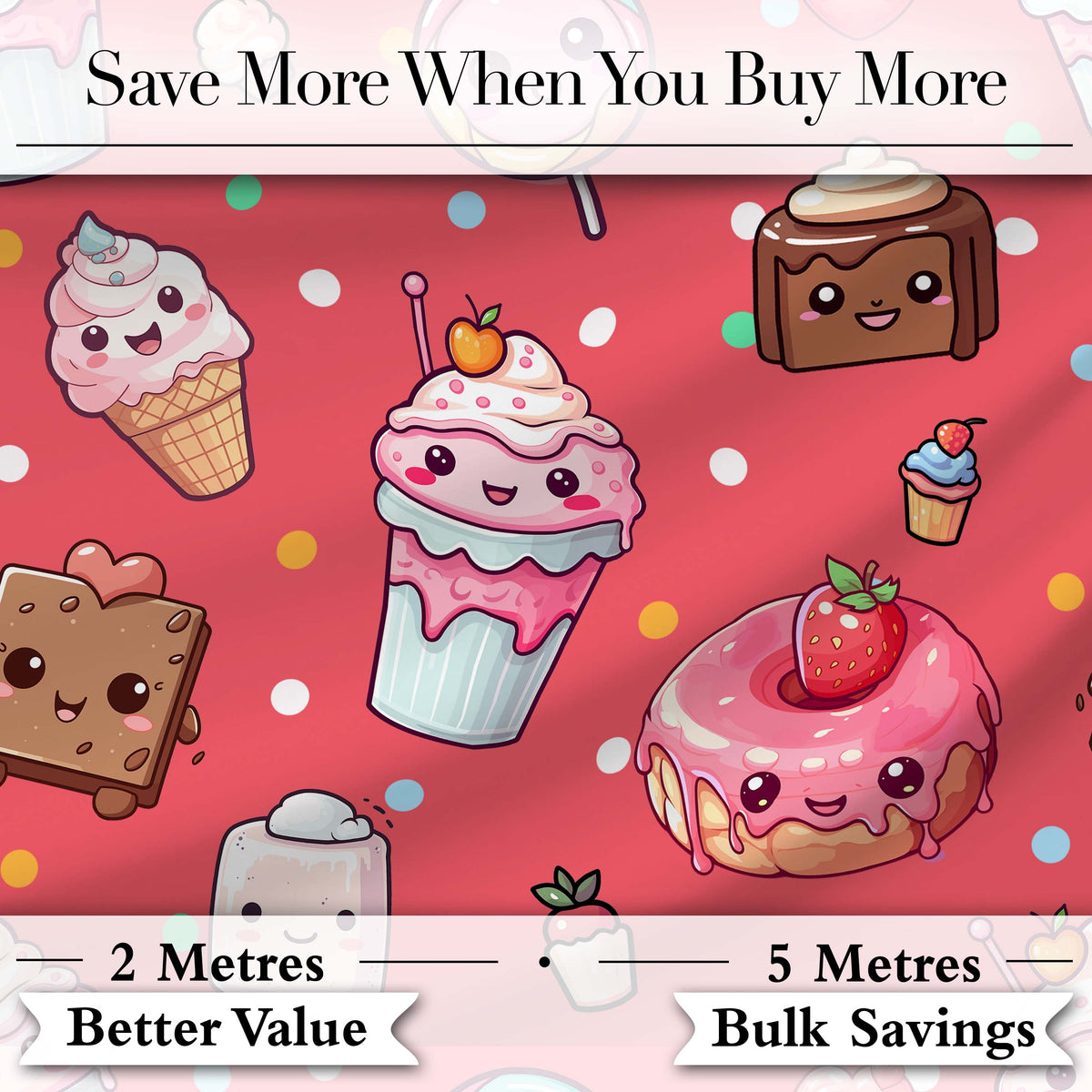 Cute Kawaii Dessert Cake Cupcake Donut Candy Sweet Treat Seamless Pattern Red Background Digital Print Fabric by the Metre UK