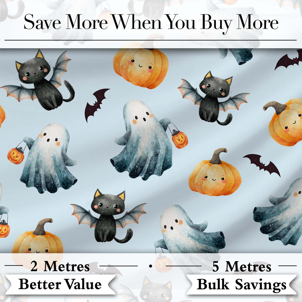 Cute Halloween Ghost Pumpkin Bat Cat Seamless Pattern Grey Background Digital Print Fabric by the Metre UK Sewing Quilting Textile