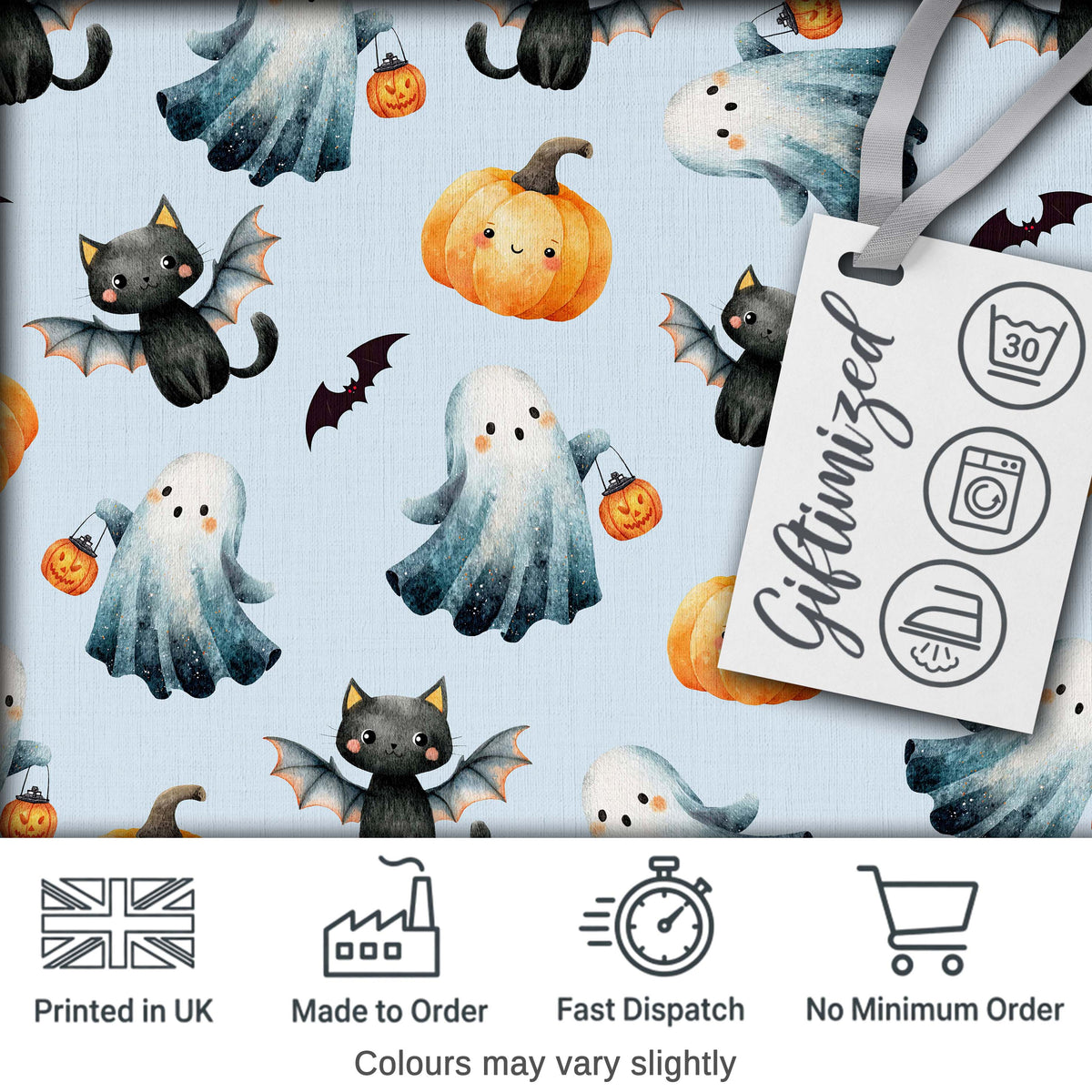 Cute Halloween Ghost Pumpkin Bat Cat Seamless Pattern Grey Background Digital Print Fabric by the Metre UK Sewing Quilting Textile