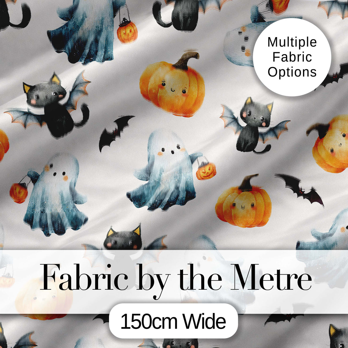 Cute Halloween Ghost Pumpkin Bat Cat Seamless Pattern Light Grey Background Digital Print Fabric by the Metre UK Sewing Quilting Textile