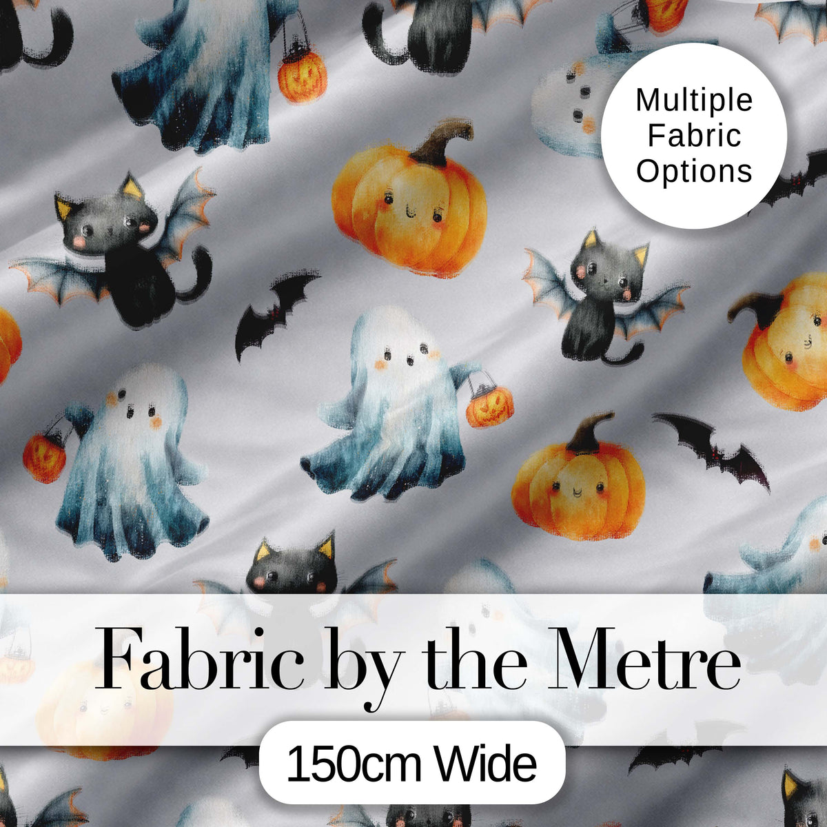 Cute Halloween Ghost Pumpkin Bat Cat Seamless Pattern Beige Background Digital Print Fabric by the Metre UK Sewing Quilting Textile