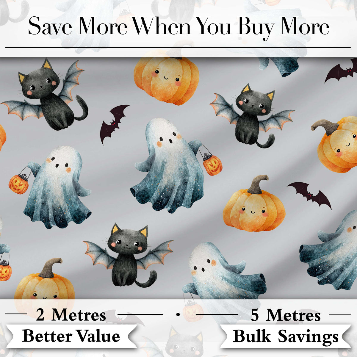 Cute Halloween Ghost Pumpkin Bat Cat Seamless Pattern Beige Background Digital Print Fabric by the Metre UK Sewing Quilting Textile