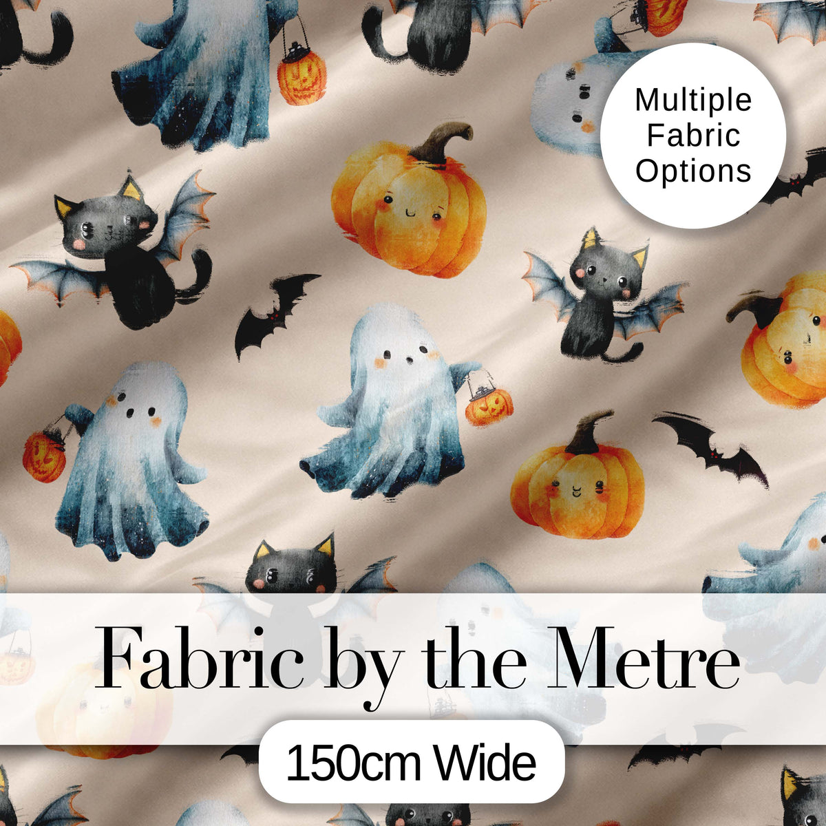 Cute Halloween Ghost Pumpkin Bat Cat Seamless Pattern Warm Beige Background Digital Print Fabric by the Metre UK Sewing Quilting Textile