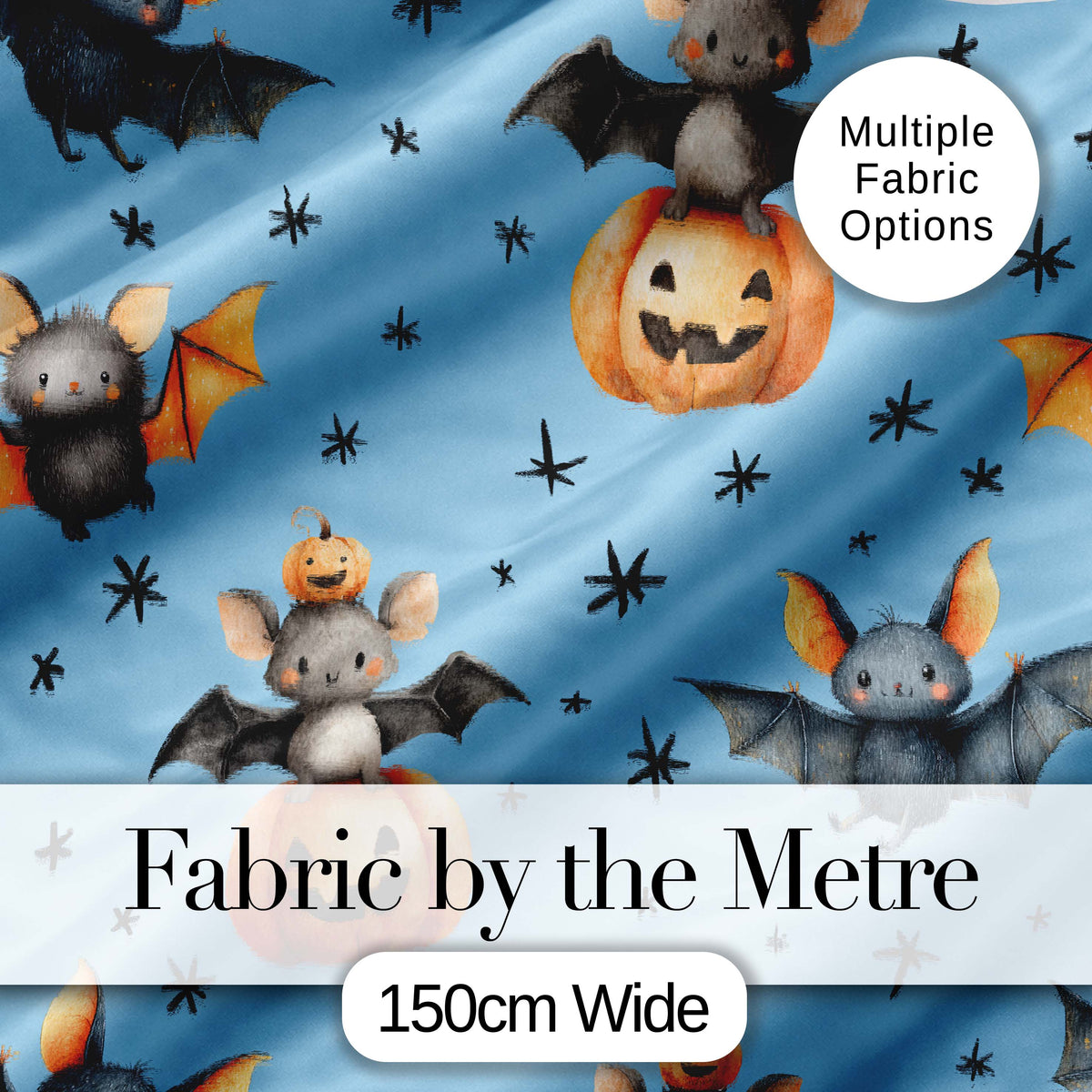 Cute Halloween Bat Pumpkin Star Night Seamless Pattern Blue Background Digital Print Fabric by the Metre UK Sewing Quilting Textile