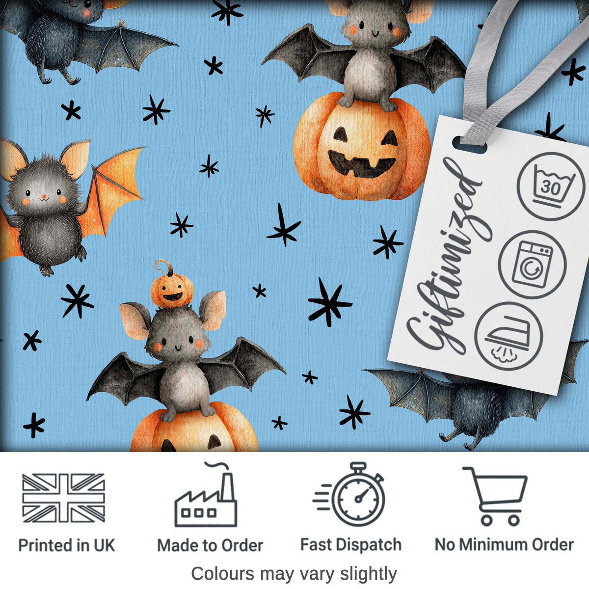 Cute Halloween Bat Pumpkin Star Night Seamless Pattern Blue Background Digital Print Fabric by the Metre UK Sewing Quilting Textile