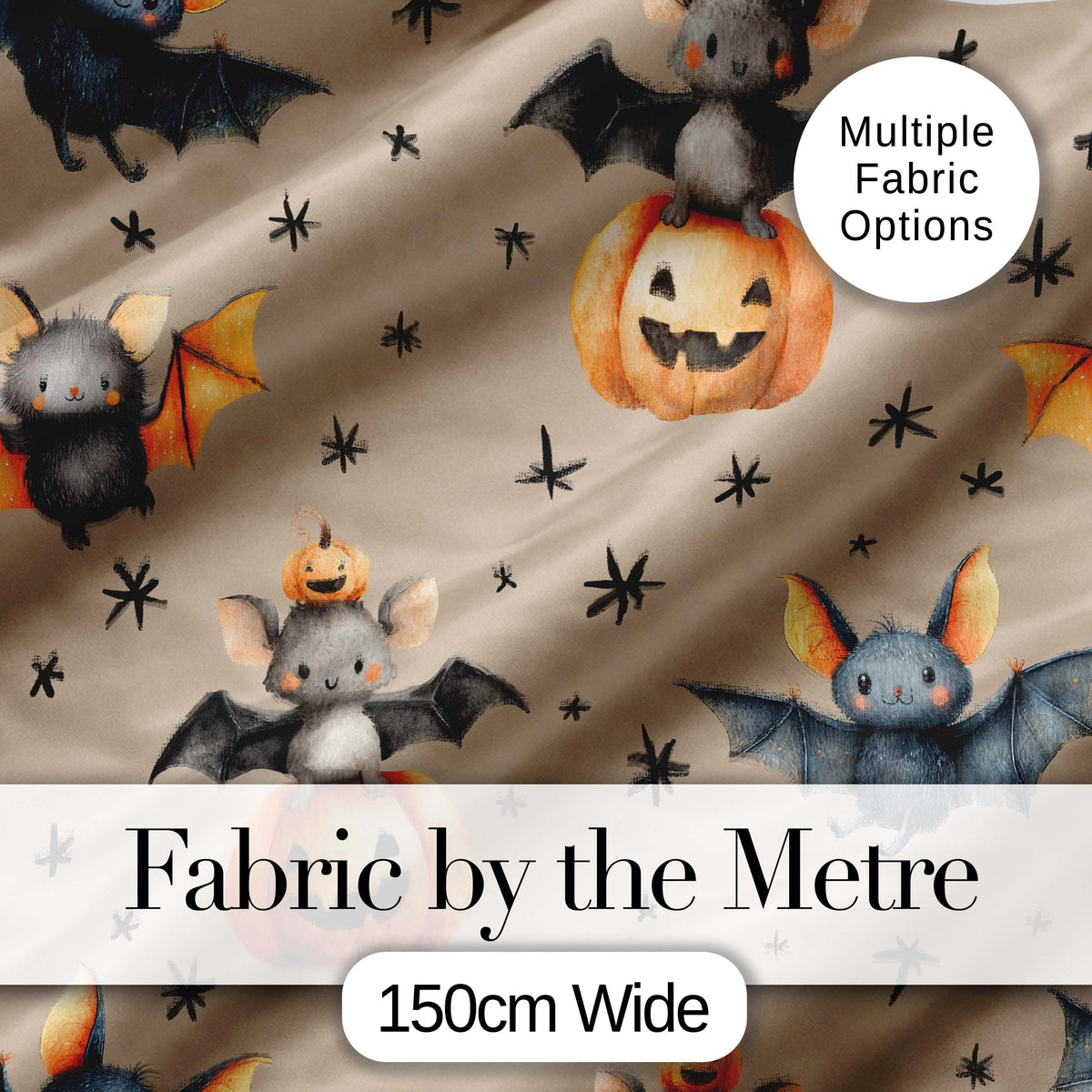 Cute Halloween Bat Pumpkin Star Night Seamless Pattern Taupe Background Digital Print Fabric by the Metre UK Sewing Quilting Textile