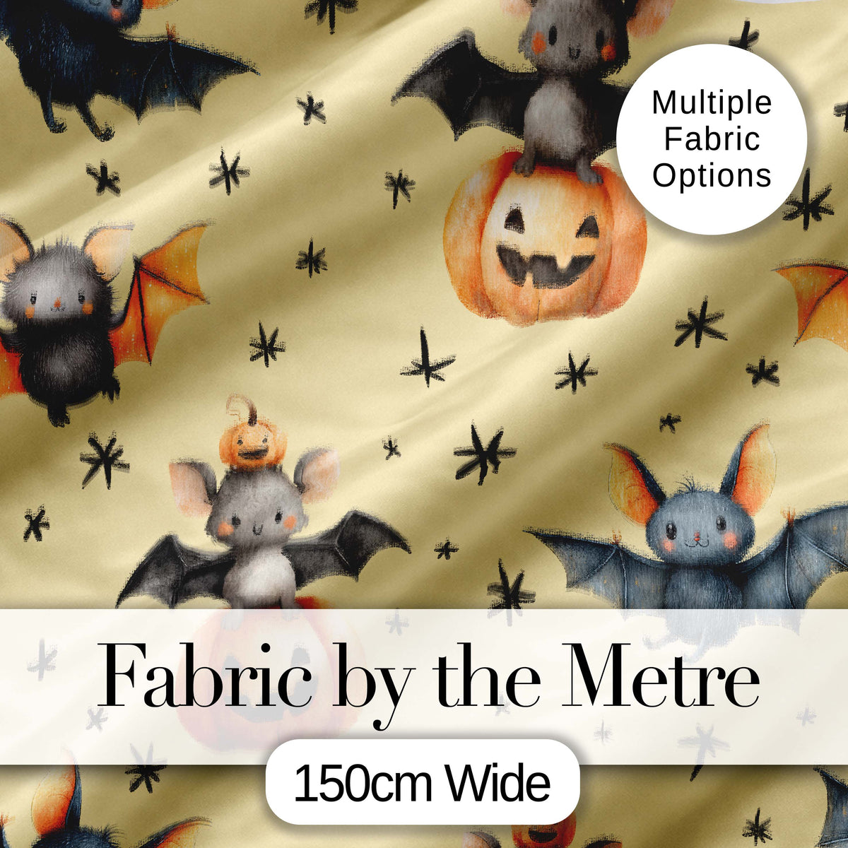 Cute Halloween Bat Pumpkin Star Night Seamless Pattern Pastel Yellow Background Digital Print Fabric by the Metre UK Sewing Quilting Textile