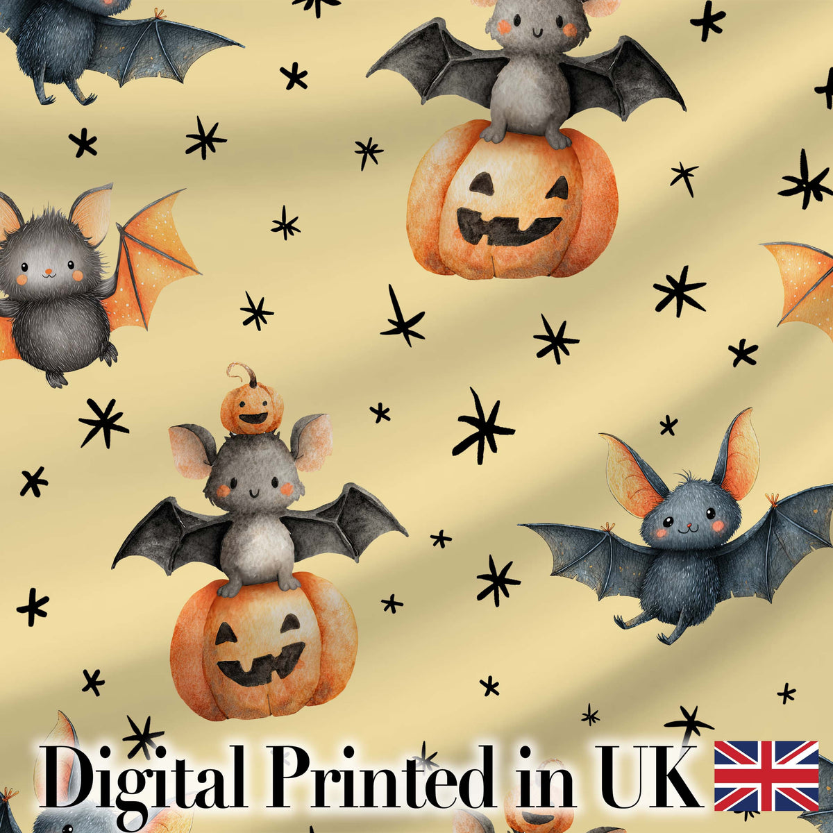 Cute Halloween Bat Pumpkin Star Night Seamless Pattern Pastel Yellow Background Digital Print Fabric by the Metre UK Sewing Quilting Textile