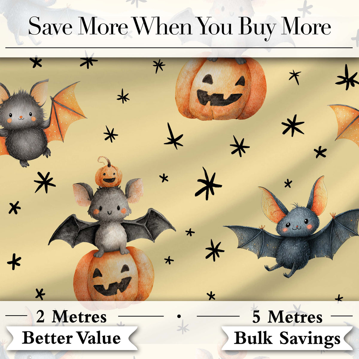 Cute Halloween Bat Pumpkin Star Night Seamless Pattern Pastel Yellow Background Digital Print Fabric by the Metre UK Sewing Quilting Textile