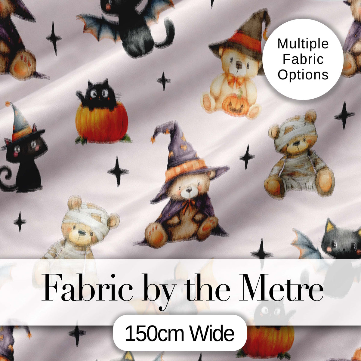 Cute Halloween Teddy Bear Pumpkin Witch Seamless Pattern Blush Pink Background Digital Print Fabric by the Metre UK Sewing Quilting Textile