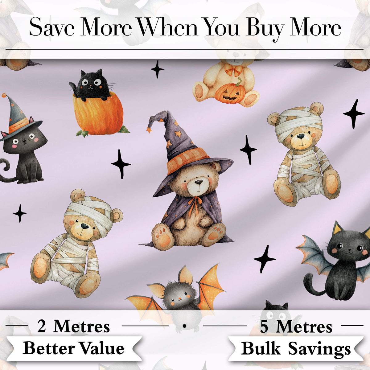 Halloween Teddy Bear Witch Cat Bat Pumpkin Seamless Pattern Soft Lilac Digital Print Fabric by the Metre UK Sewing Quilting Textile
