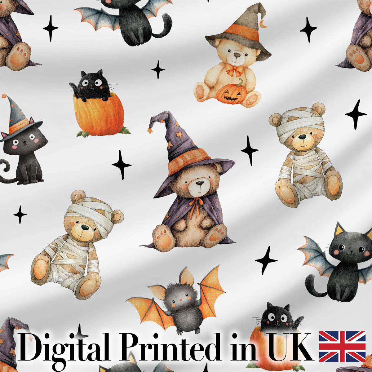 Halloween Teddy Bear Witch Cat Bat Pumpkin Seamless Pattern Light Grey Digital Print Fabric by the Metre UK Sewing Quilting Textile