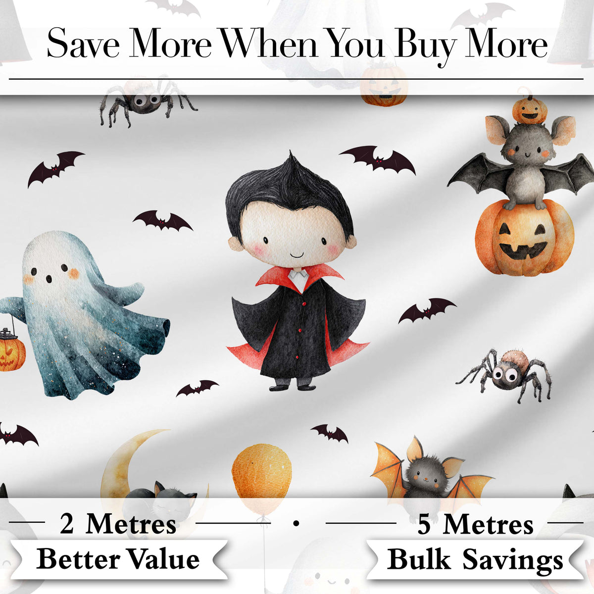 Halloween Vampire Ghost Bat Pumpkin Character Seamless Pattern White Digital Print Fabric by the Metre UK Sewing Quilting Textile