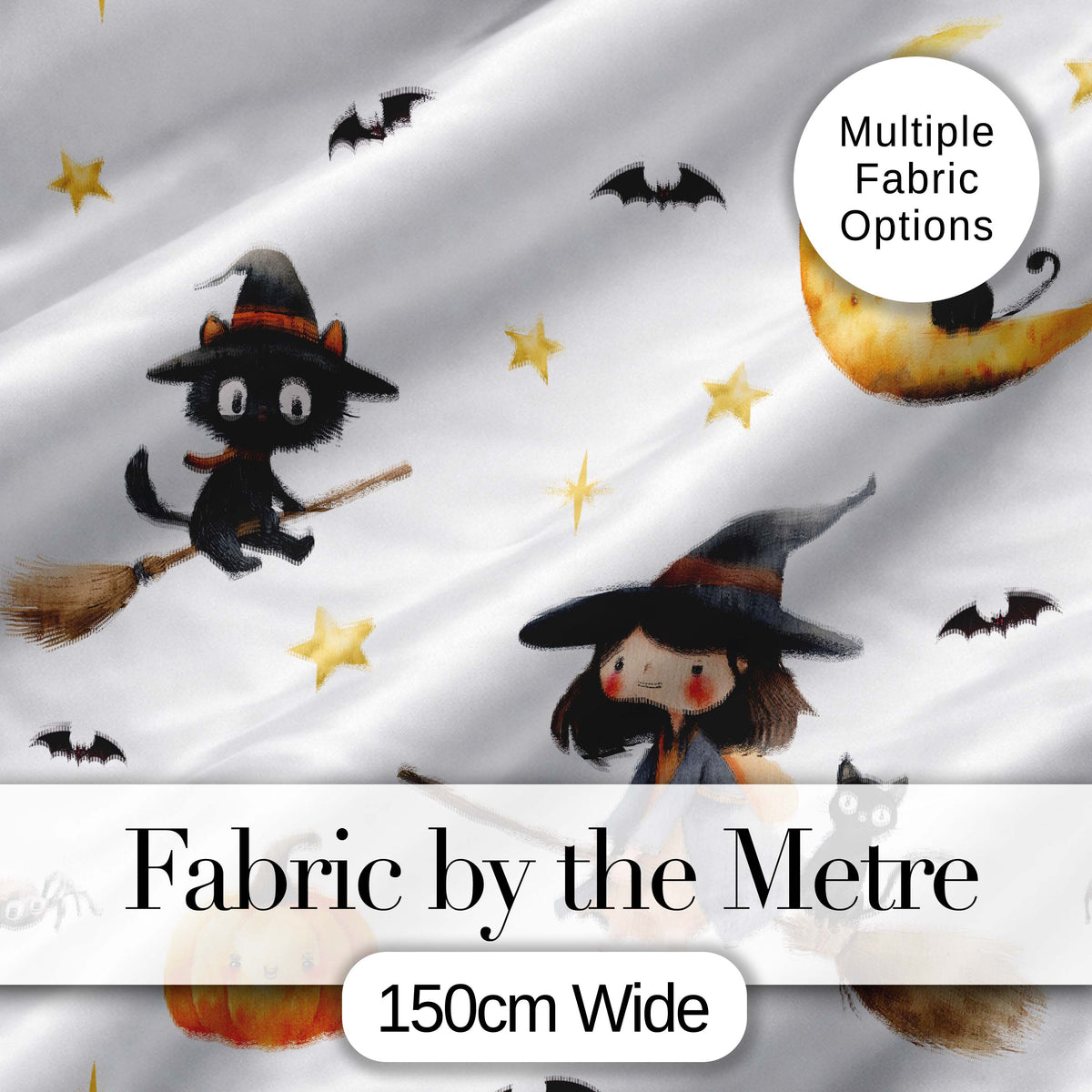 Cute Halloween Witch Cat Moon Stars Pumpkin Seamless Pattern White Background Digital Print Fabric by the Metre UK Sewing Quilting Textile