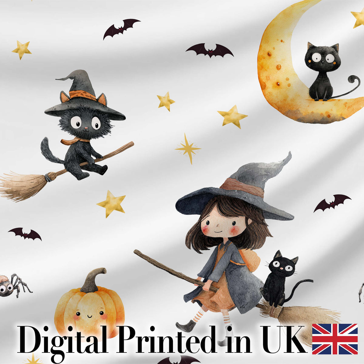 Cute Halloween Witch Cat Moon Stars Pumpkin Seamless Pattern White Background Digital Print Fabric by the Metre UK Sewing Quilting Textile