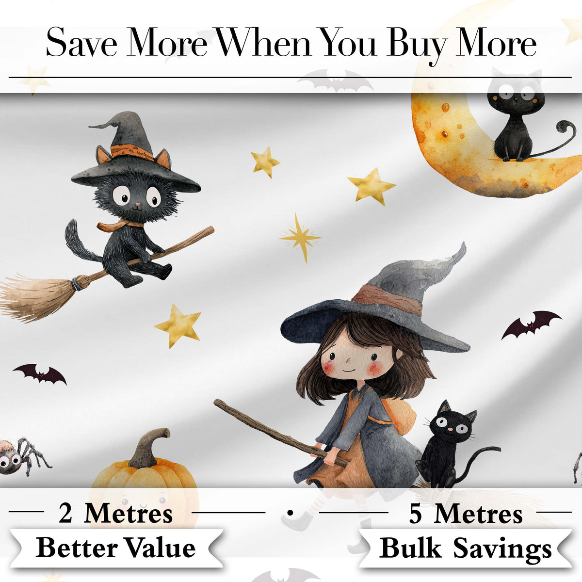 Cute Halloween Witch Cat Moon Stars Pumpkin Seamless Pattern White Background Digital Print Fabric by the Metre UK Sewing Quilting Textile