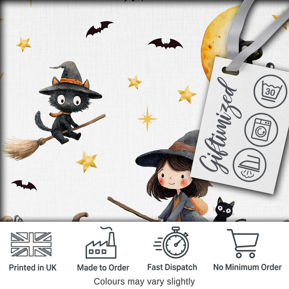Cute Halloween Witch Cat Moon Stars Pumpkin Seamless Pattern White Background Digital Print Fabric by the Metre UK Sewing Quilting Textile