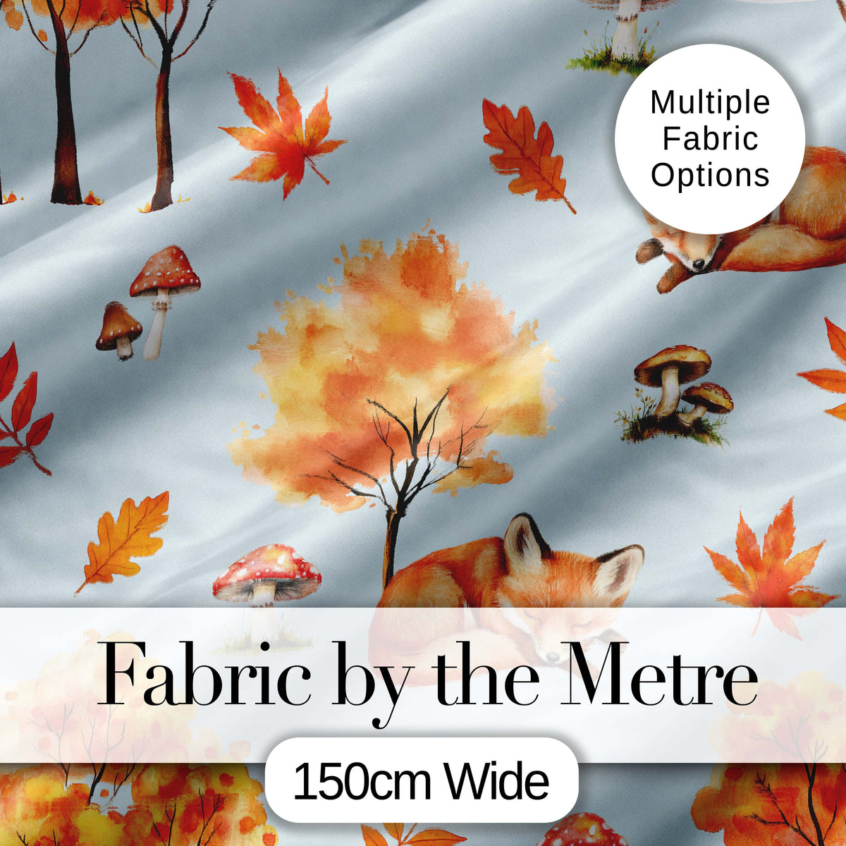 Sleeping Fox Autumn Leaves Mushrooms Forest Seamless Pattern Blue Digital Print Fabric by the Metre UK Sewing Quilting Textile