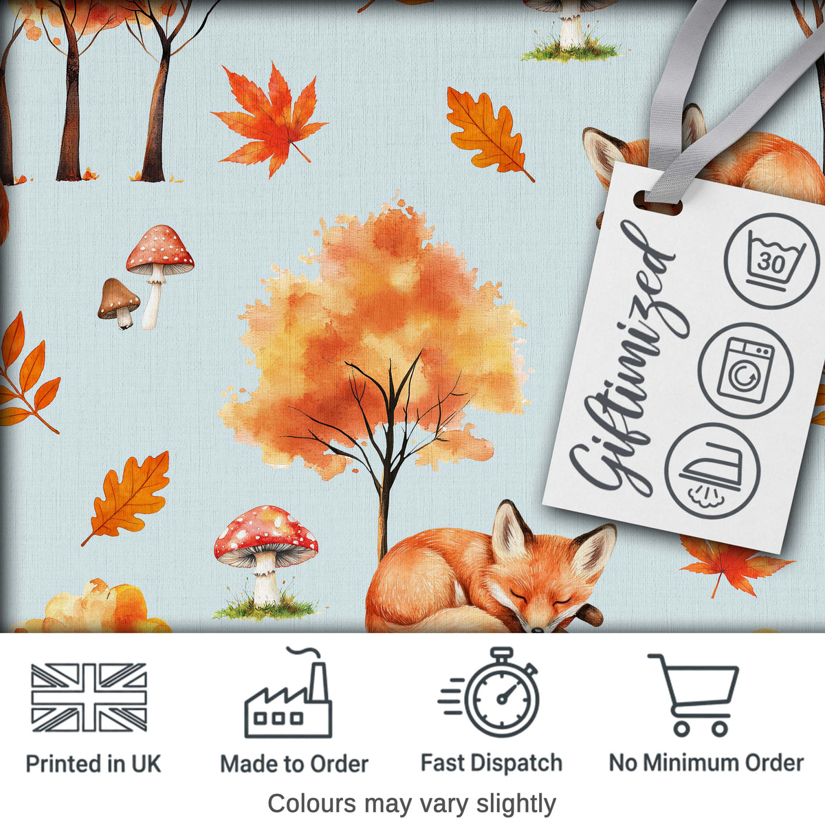 Sleeping Fox Autumn Leaves Mushrooms Forest Seamless Pattern Blue Digital Print Fabric by the Metre UK Sewing Quilting Textile