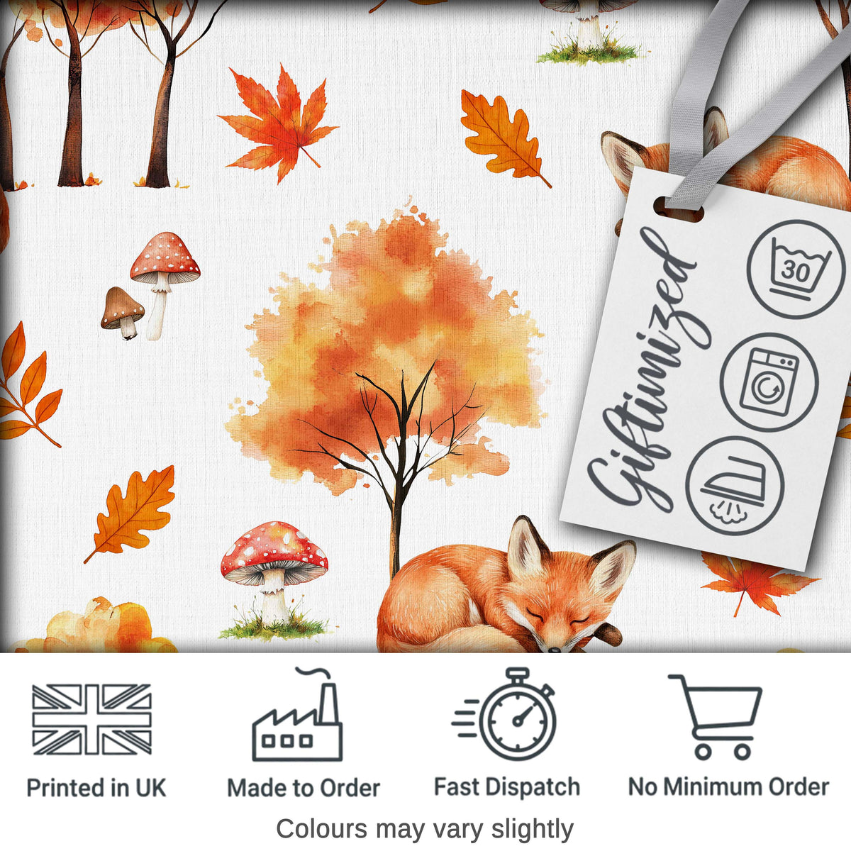 Sleeping Fox Autumn Leaves Mushrooms Forest Seamless Pattern Grey Digital Print Fabric by the Metre UK Sewing Quilting Textile