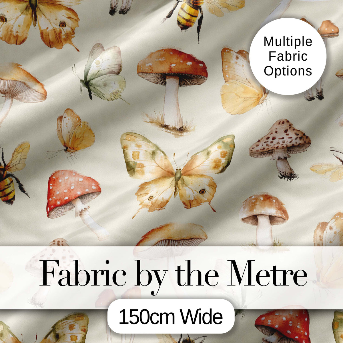 Vintage Butterflies Bees Mushrooms Nature Seamless Pattern Sage Green Digital Print Fabric by the Metre UK Sewing Quilting Textile