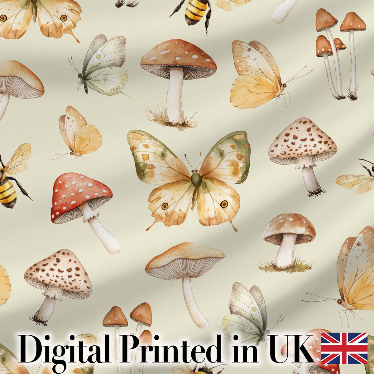 Vintage Butterflies Bees Mushrooms Nature Seamless Pattern Sage Green Digital Print Fabric by the Metre UK Sewing Quilting Textile