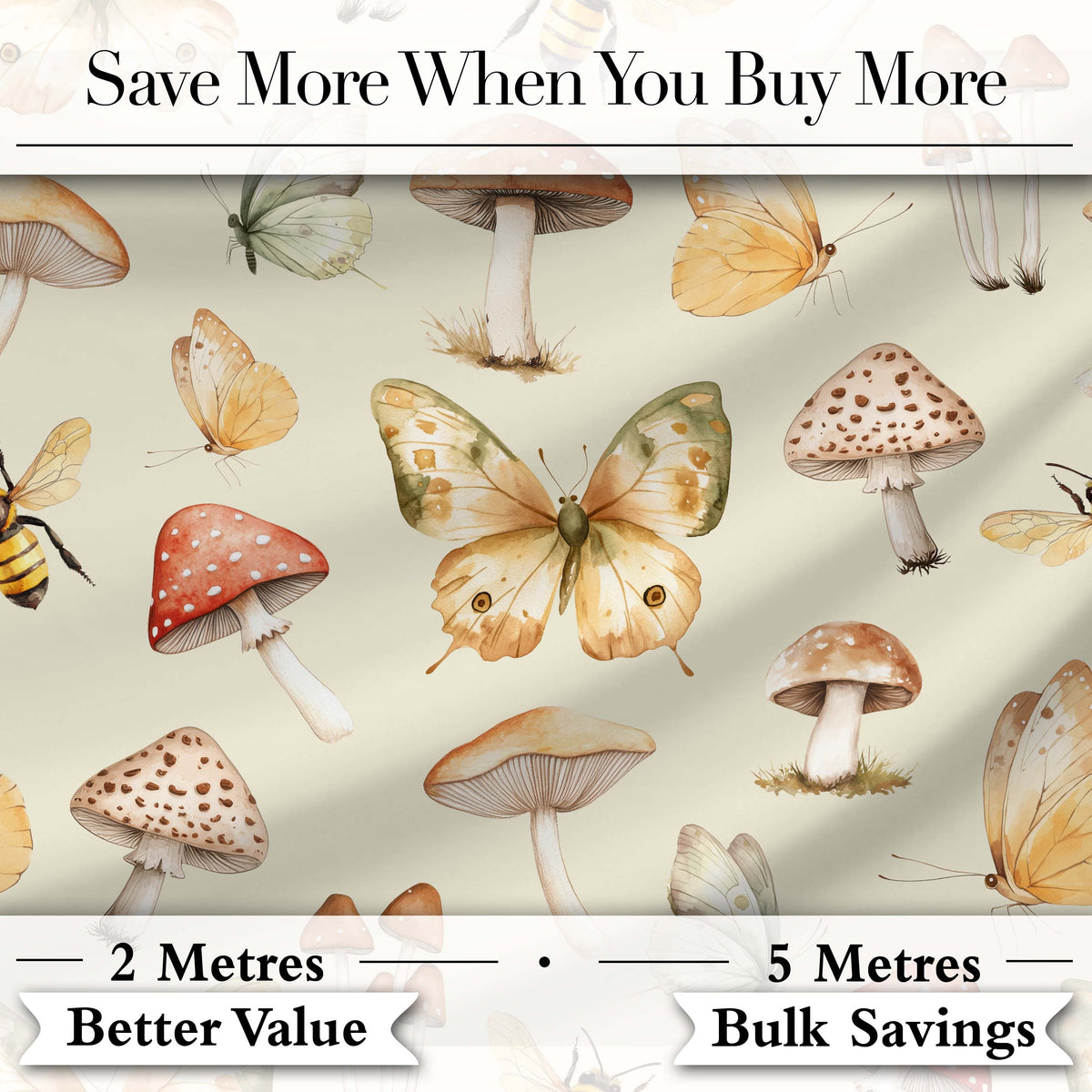 Vintage Butterflies Bees Mushrooms Nature Seamless Pattern Sage Green Digital Print Fabric by the Metre UK Sewing Quilting Textile