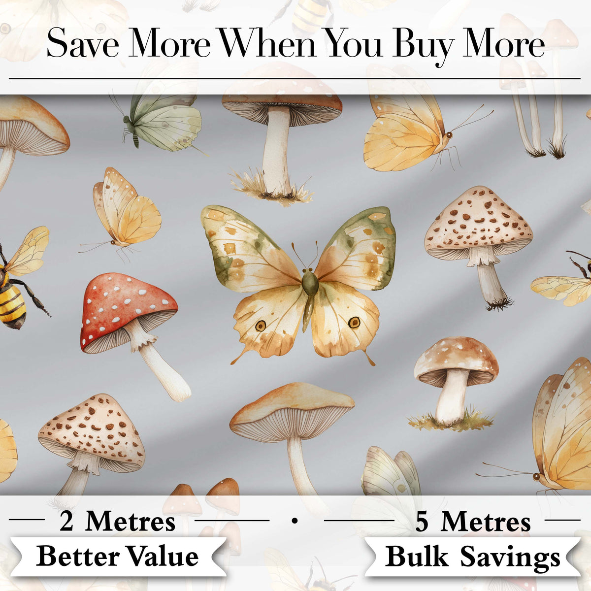 Vintage Butterflies Bees Mushrooms Nature Seamless Pattern Blue Grey Background Digital Print Fabric by the Metre UK Sewing Quilting Textile